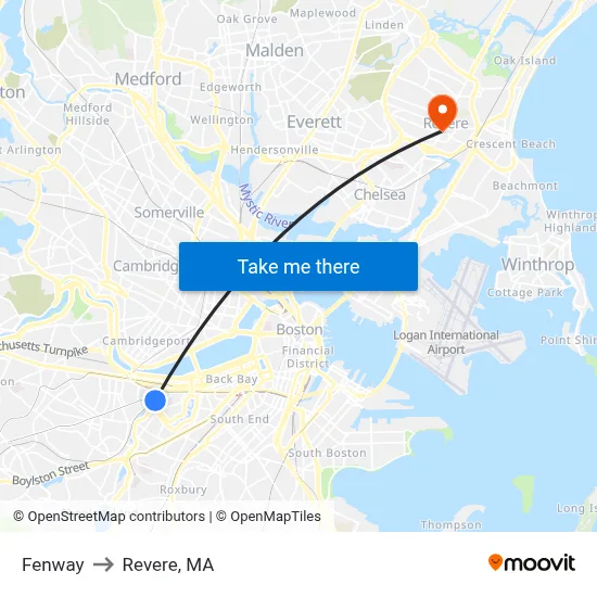 Fenway to Revere, MA map