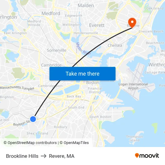 Brookline Hills to Revere, MA map
