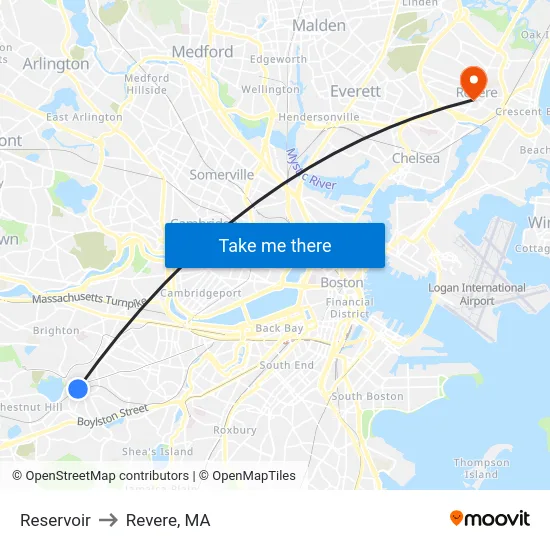 Reservoir to Revere, MA map