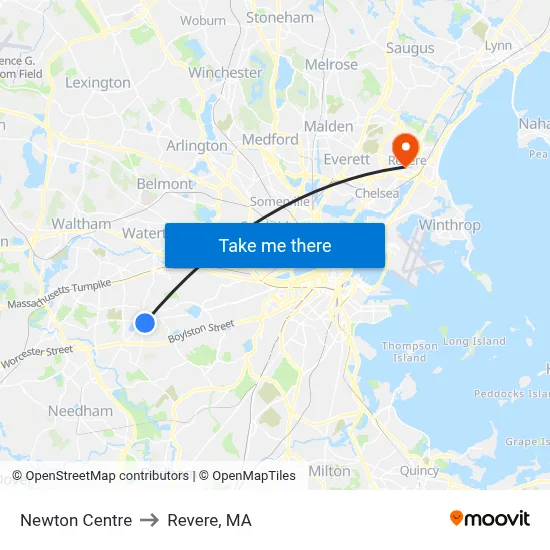 Newton Centre to Revere, MA map