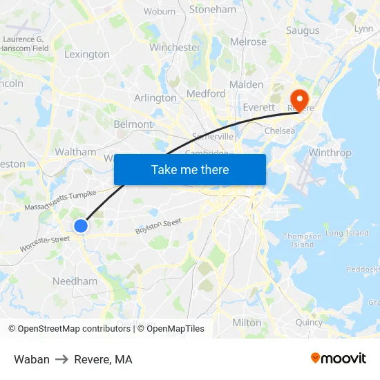 Waban to Revere, MA map