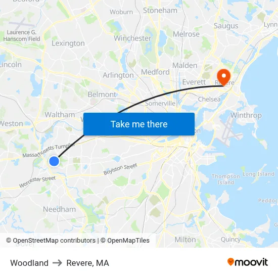 Woodland to Revere, MA map