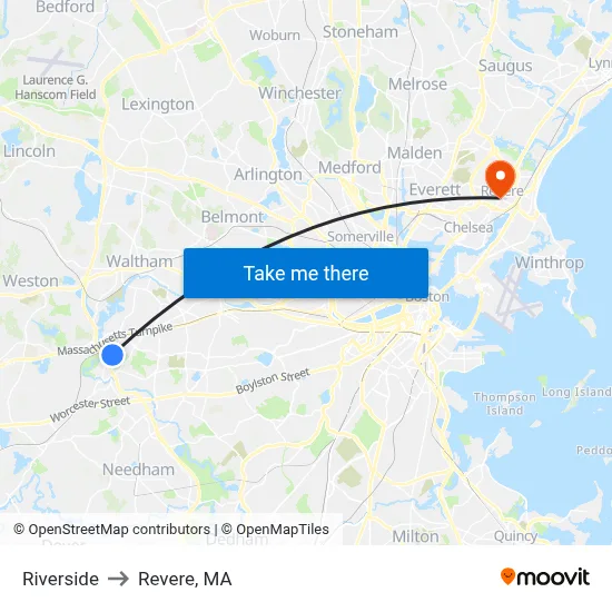 Riverside to Revere, MA map
