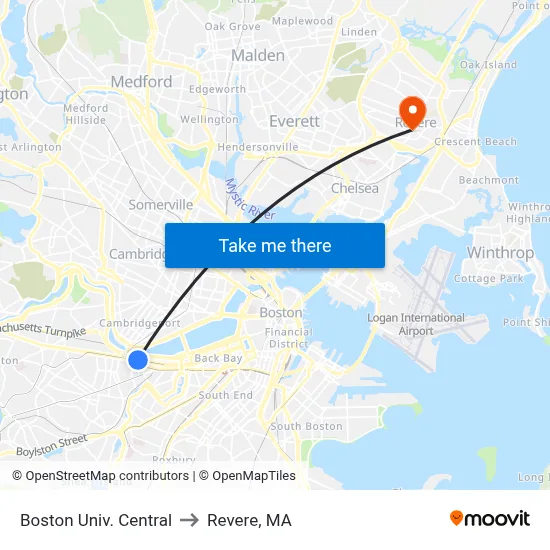 Boston Univ. Central to Revere, MA map