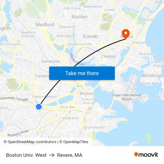Boston Univ. West to Revere, MA map