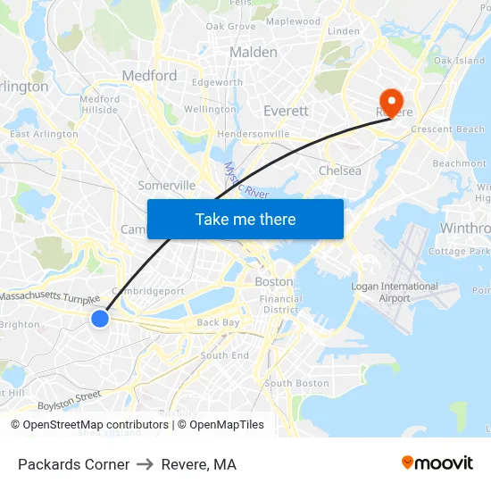 Packards Corner to Revere, MA map