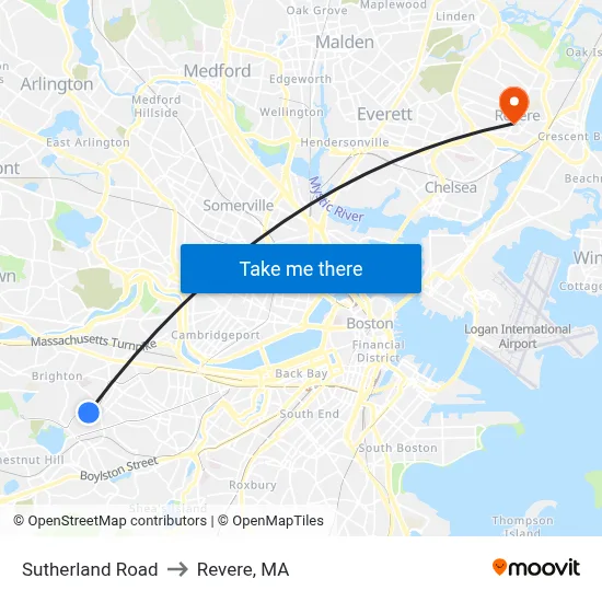 Sutherland Road to Revere, MA map