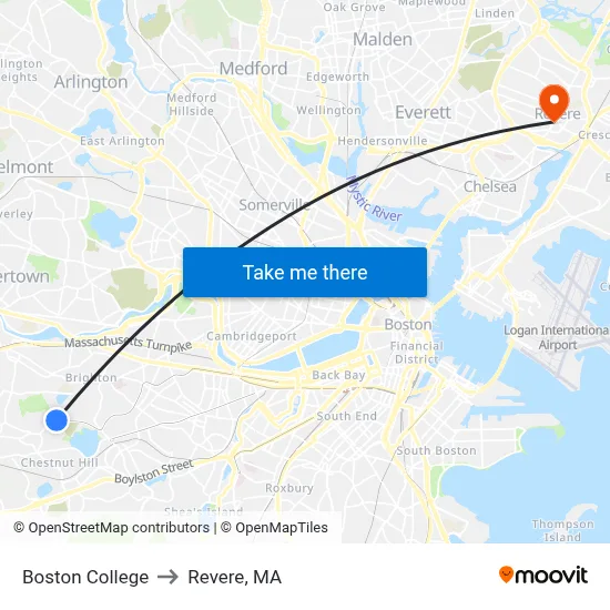 Boston College to Revere, MA map