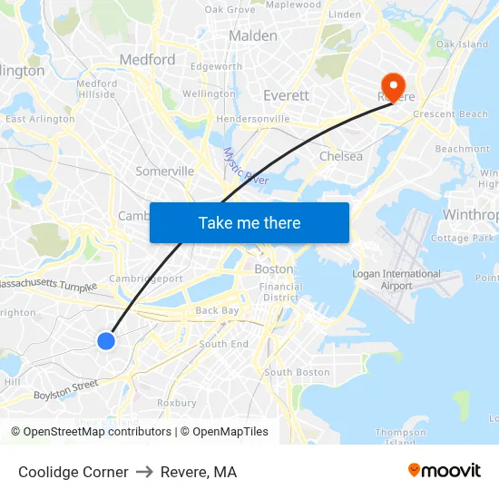 Coolidge Corner to Revere, MA map