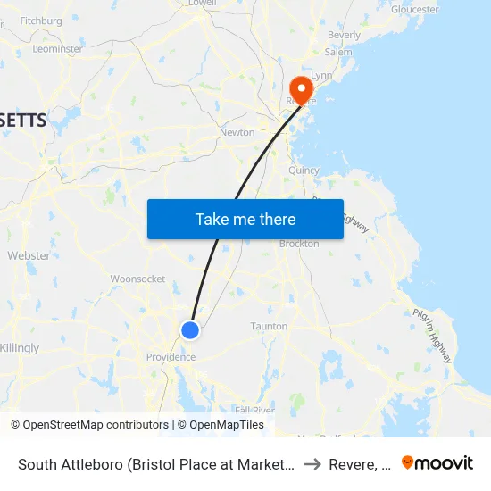 South Attleboro (Bristol Place at Market Basket) to Revere, MA map