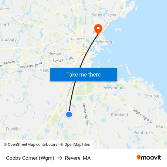 Cobbs Corner (Wgm) to Revere, MA map
