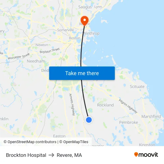 Brockton Hospital to Revere, MA map