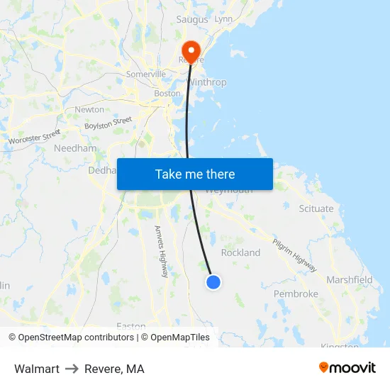 Walmart to Revere, MA map