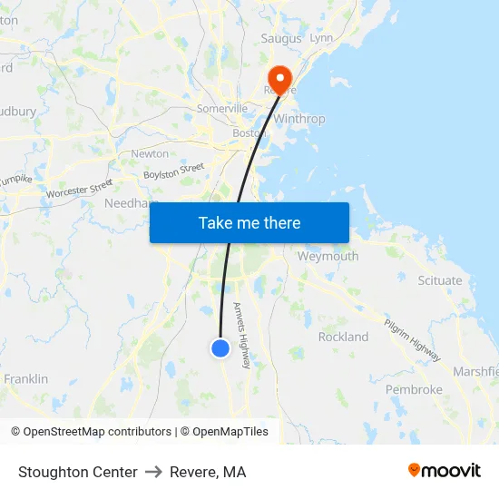 Stoughton Center to Revere, MA map