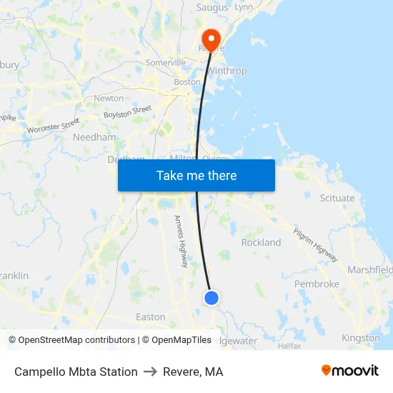 Campello Mbta Station to Revere, MA map