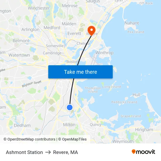 Ashmont Station to Revere, MA map