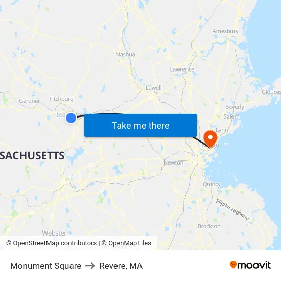 Monument Square to Revere, MA map