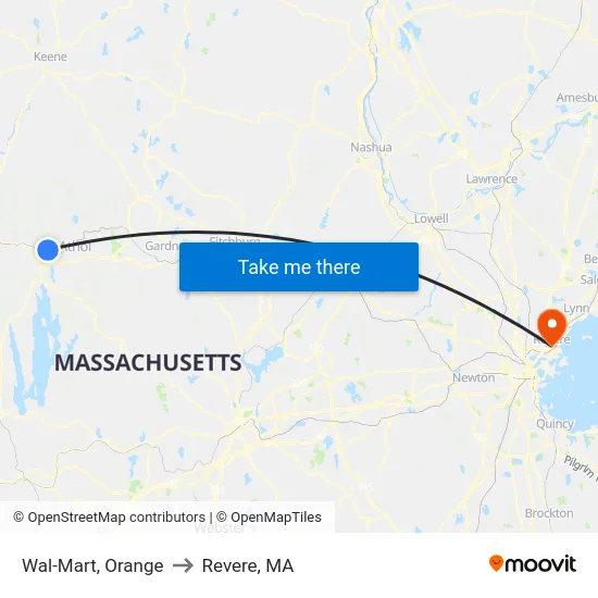 Wal-Mart, Orange to Revere, MA map