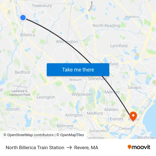 North Billerica Train Station to Revere, MA map