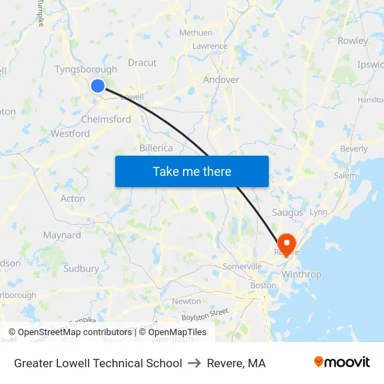 Greater Lowell Technical School to Revere, MA map