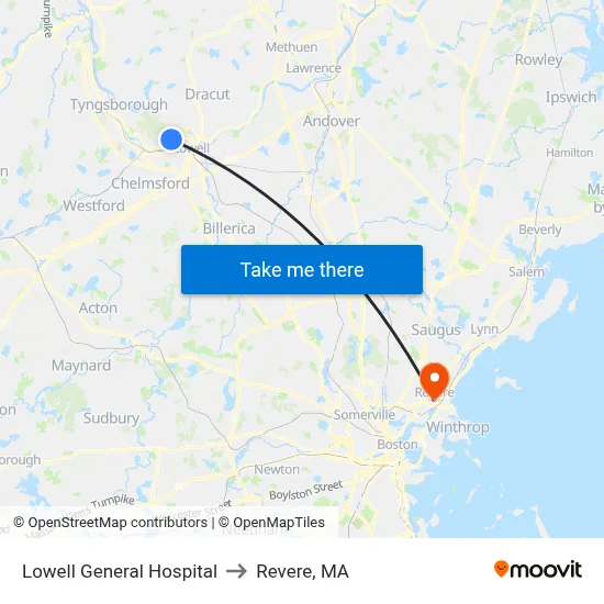 Lowell General Hospital to Revere, MA map