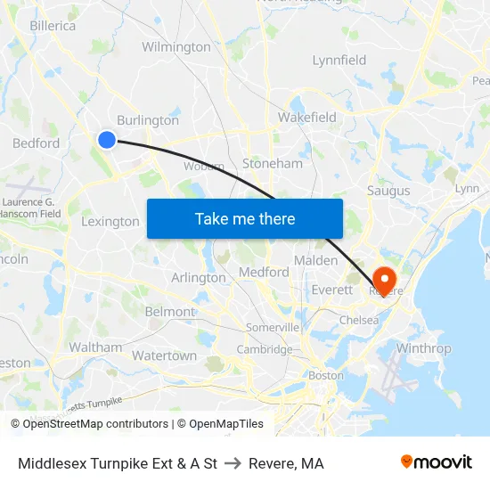 Middlesex Turnpike Ext & A St to Revere, MA map