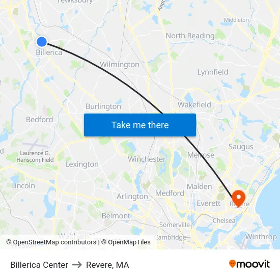 Billerica Center to Revere, MA map