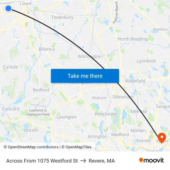 Across From 1075 Westford St to Revere, MA map
