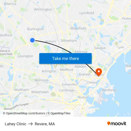 Lahey Clinic to Revere, MA map