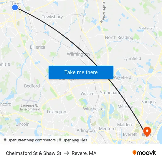 Chelmsford St & Shaw St to Revere, MA map