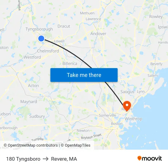 180 Tyngsboro to Revere, MA map