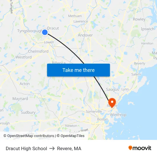 Dracut High School to Revere, MA map