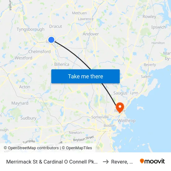 Merrimack St & Cardinal O Connell Pkwy to Revere, MA map