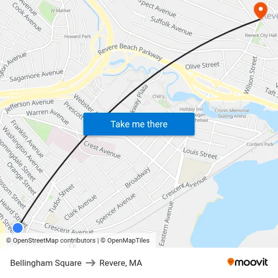 Bellingham Square to Revere, MA map