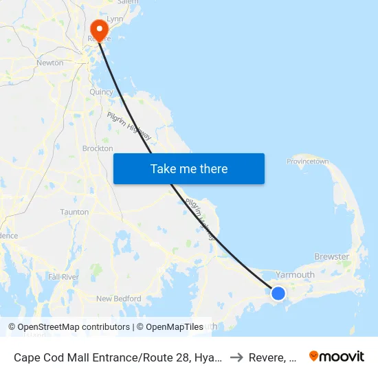 Cape Cod Mall Entrance/Route 28, Hyannis to Revere, MA map