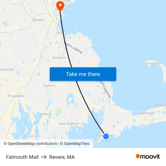 Falmouth Mall to Revere, MA map