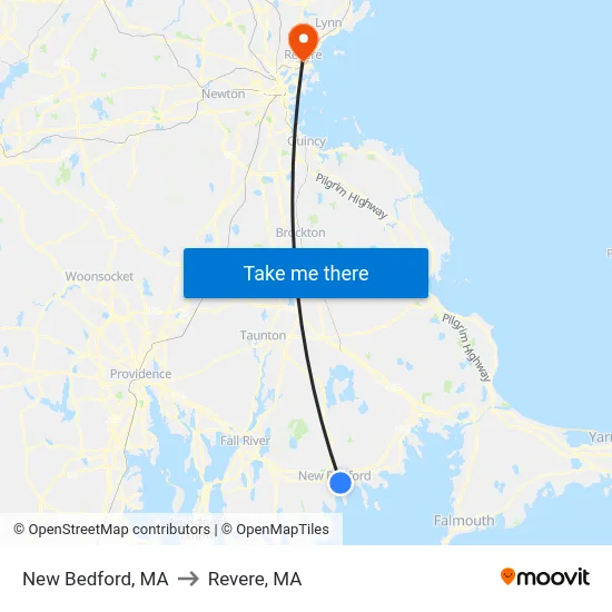 New Bedford, MA to Revere, MA map
