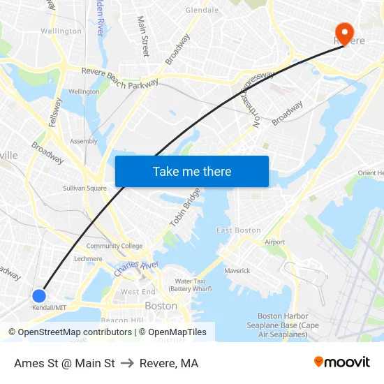 Ames St @ Main St to Revere, MA map