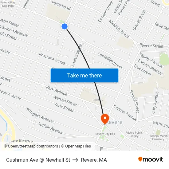 Cushman Ave @ Newhall St to Revere, MA map