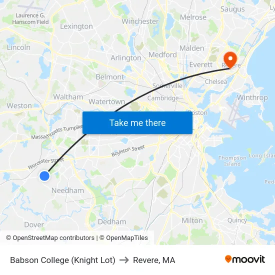 Babson College (Knight Lot) to Revere, MA map