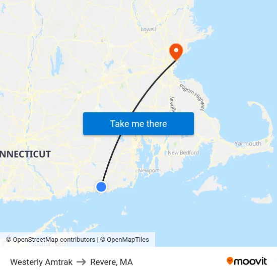 Westerly Amtrak to Revere, MA map