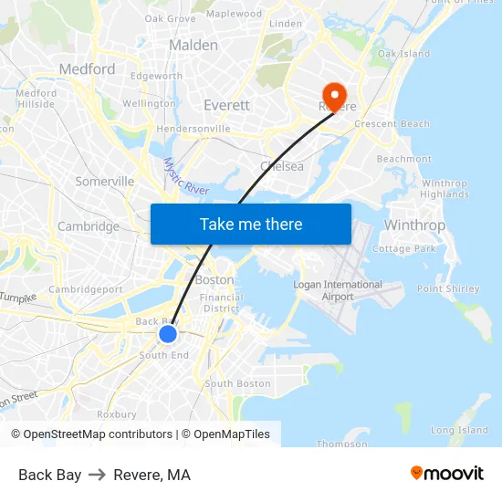 Back Bay to Revere, MA map