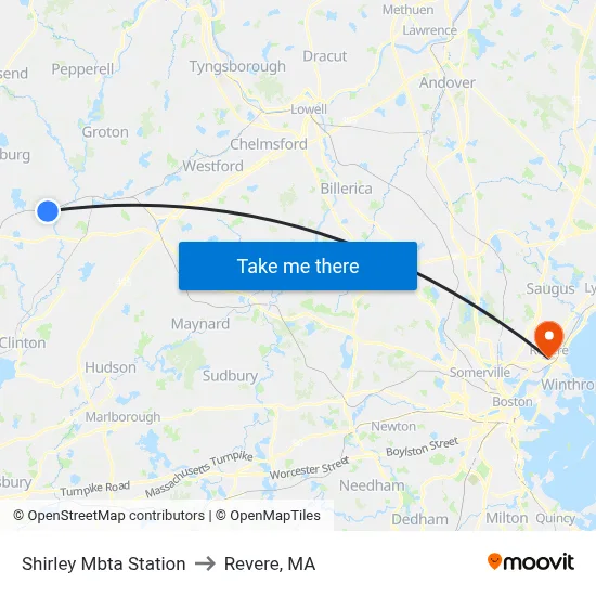 Shirley Mbta Station to Revere, MA map