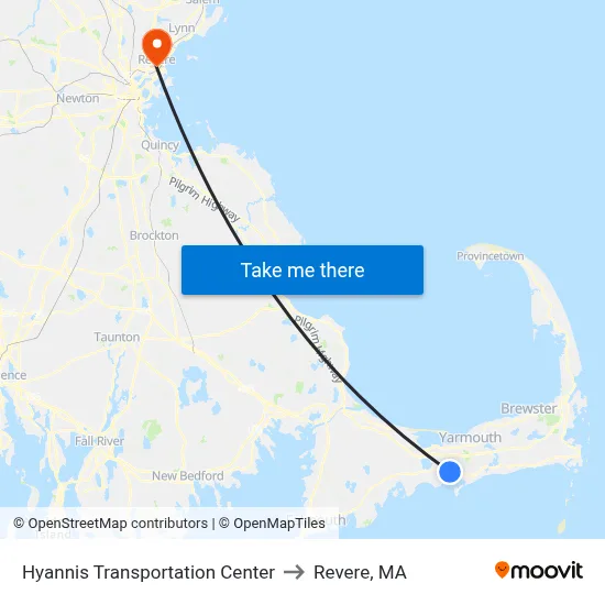 Hyannis Transportation Center to Revere, MA map