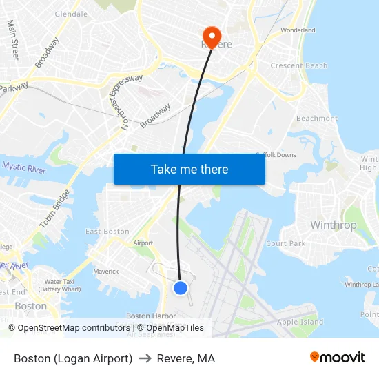Boston (Logan Airport) to Revere, MA map