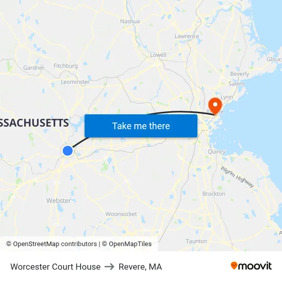 Worcester Court House to Revere, MA map