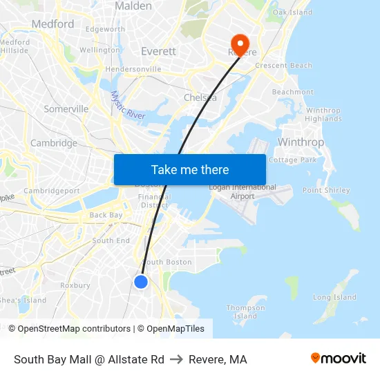 South Bay Mall @ Allstate Rd to Revere, MA map