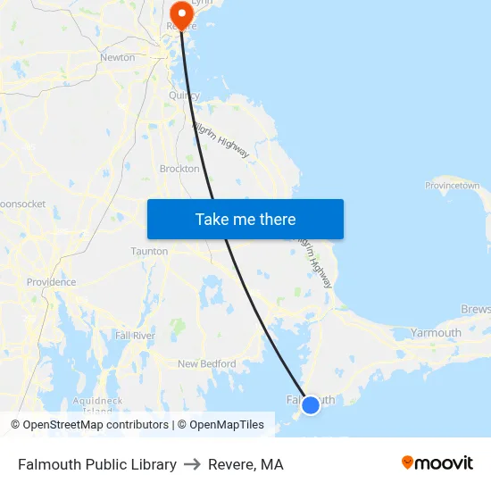 Falmouth Public Library to Revere, MA map