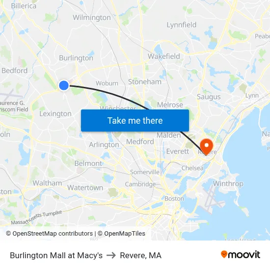 Burlington Mall at Macy's to Revere, MA map