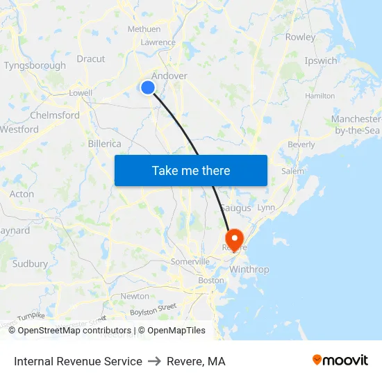 Internal Revenue Service to Revere, MA map